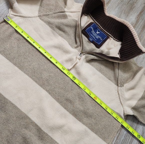 American Eagle Heavyweight 1/4 Zip Sweater Creme Gray Stripe Knit High Neck Sz L - Picture 10 of 13